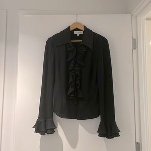 Unique ruffled black St. John jacket is size 10! Beautiful texture and detail!
